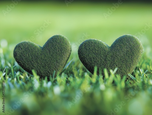Two green hearts are planted in the grass