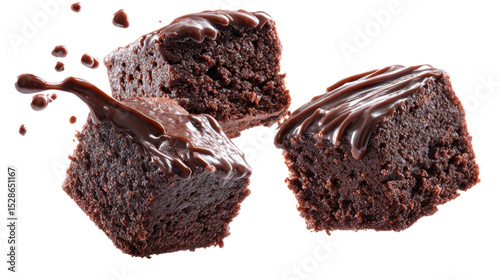 Three pieces of chocolate cake with chocolate drizzle