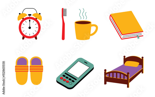 Simple flat icons representing everyday objects associated with waking up and relaxation activities