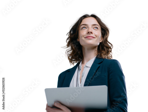 A woman in a business suit is holding a laptop and smiling