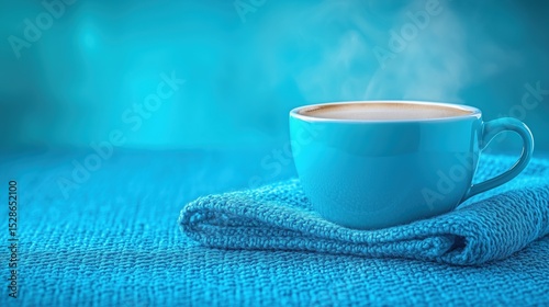 A blue mug with steam coming out of it sits on a blue towel