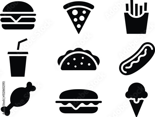 Collection of black and white flat icon illustrations representing popular fast food menu items