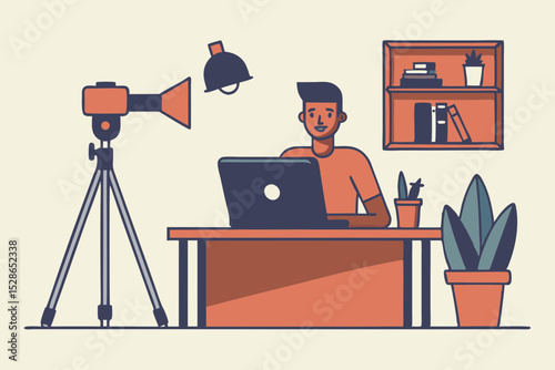 Content Creator Working at Home Office Desk with Laptop and Camera Equipment