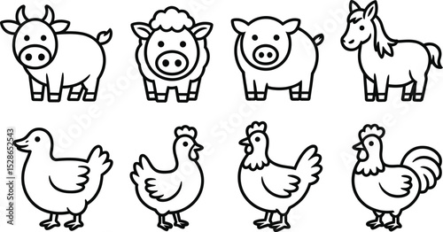 Collection of cute farm animal vector illustrations in a simple black and white line art style