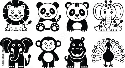 Adorable black and white cartoon animal set suitable for children's books and educational materials