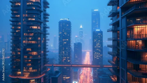 A stunning nighttime cityscape showcasing modern skyscrapers illuminated against a blue sky