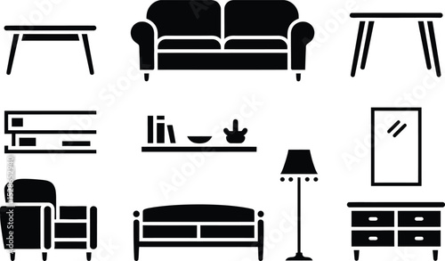 Black and white furniture icons of a sofa armchair table lamp bookcase and mirror.