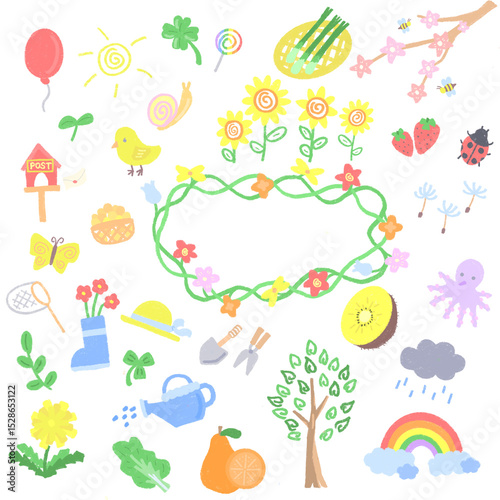Pictures drawn with colorful colored pencils and crayons such as seasonal vectors, elements, fruits, plants, flowers, goods, garden and animal related to spring used to decorate a hand drawn diary 