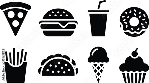 Black and white icon set of popular fast food and dessert items collection