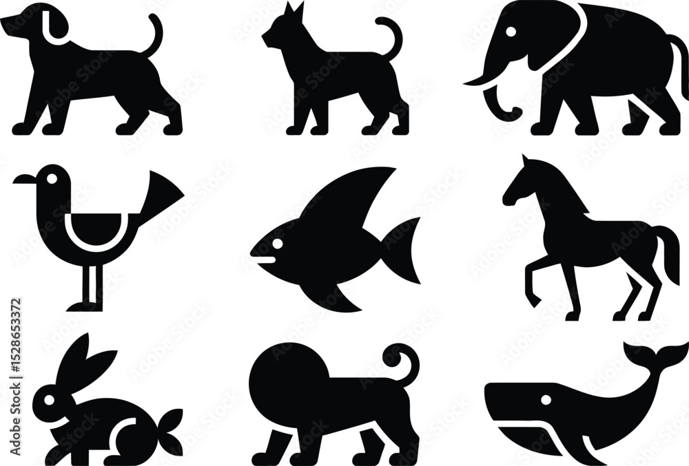 Collection of black animal silhouettes featuring dog cat elephant bird fish horse lion rabbit and whale