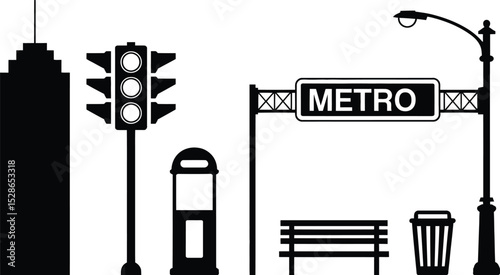 Black and white urban city elements including traffic light metro sign and building silhouettes