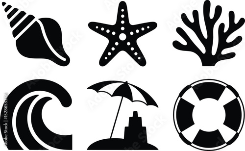 Black and white summer beach theme vector icon set including seashell starfish coral