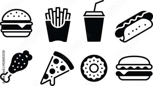 Simple black and white illustrations of popular fast food menu items for design use