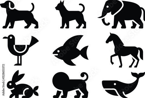 Collection of black animal silhouettes featuring dog cat elephant bird fish horse lion rabbit and whale