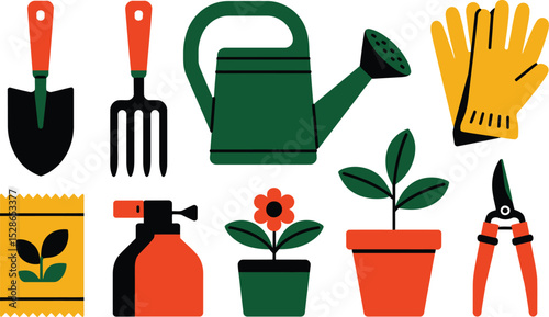 Collection of colorful flat illustration gardening tools and plants for horticultural and agricultural usage