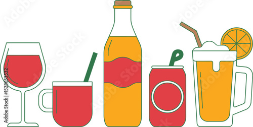 Collection of various beverages in flat vector style with wine, drinks, soda and juice