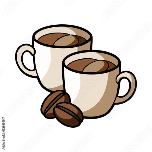 Two Cups of Coffee with Coffee Beans Illustration