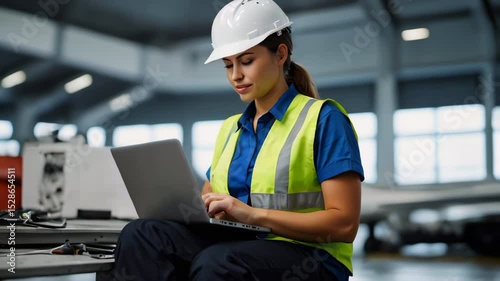 Female engineer working on laptop in factory