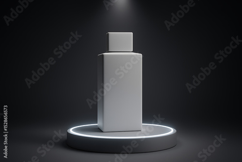Neon Lit Product Display with a White Rectangular Bottle on a Glowing Podium Against a Dark Background for Elegant Cosmetic Showcase and Modern Marketing Concepts