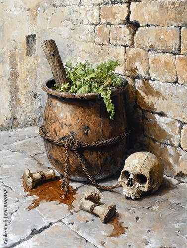 Ancient Cauldron, Skull, and Bones A Still Life Painting