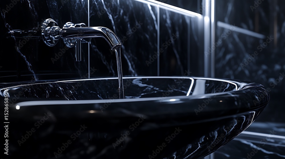 Naklejka premium Water Flowing Into a Black Marble Sink with Chrome Faucet