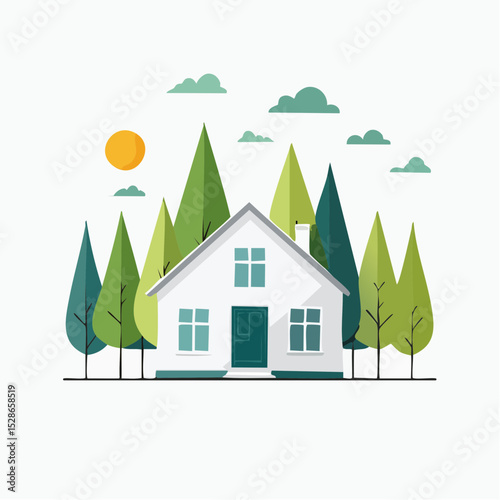 Minimalist House nestled in a Lush Green Forest A Serene Home Design Illustration