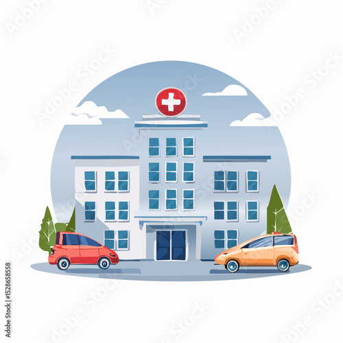 Hospital Building Illustration Modern Healthcare Facility with Cars