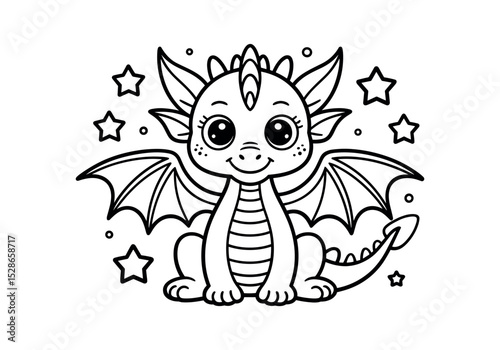 Adorable Baby Dragon Coloring Page for Kids with Stars and Wings