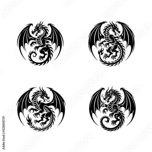 Tribal Dragon Tattoo Design Set in Circular Layout for Fantasy and Mythology Themes