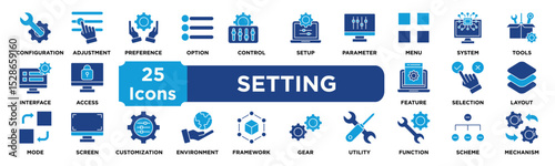 setting icon collection set. Containing configuration,adjustment,preference,option,control,setup,parameter,menu,system,tools icon. dual tone vector.	
