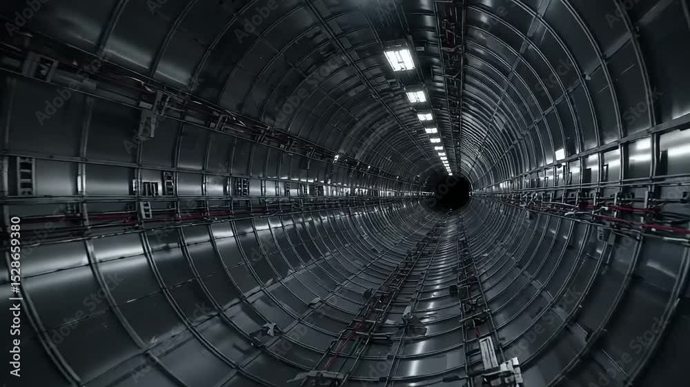 Dark metallic tunnel with lights, futuristic design