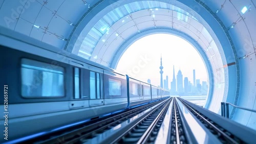 Futuristic subway train traveling through a glowing tunnel towards a vibrant city skyline