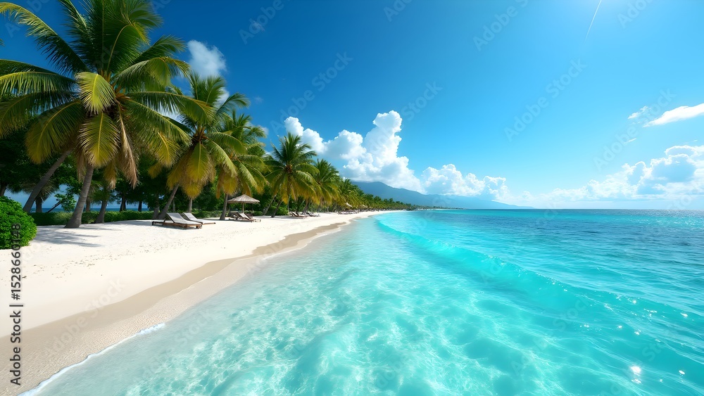 Naklejka premium Tropical Paradise Beach with Crystal Blue Water and Palm Trees under Sunny Sky – Perfect Summer Getaway.