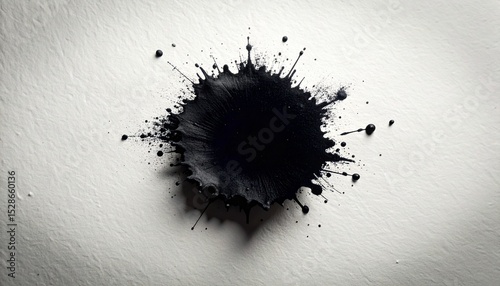 A striking black ink blot spills dramatically across a textured white paper surface creating an abstract design with artistic flair and visual impact for projects.