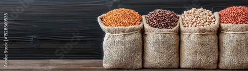 Four burlap sacks filled with different types of legumes and beans on a wooden surface against a black wooden background.