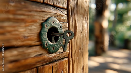 Antique wooden door with keyhole and key, detailed close-up. Lush greenery in background