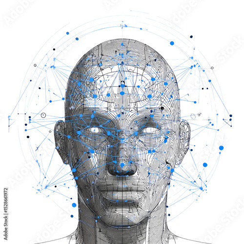 A man's face is shown in a computer generated image with a blue background