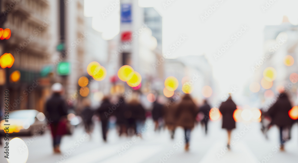 Fototapeta premium Blurred city street scene with pedestrians traffic lights and buildings in daytime.Premium urban photos for poster, banner and pamphlet backgrounds