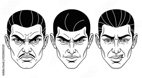Faces of menacing male characters in line art