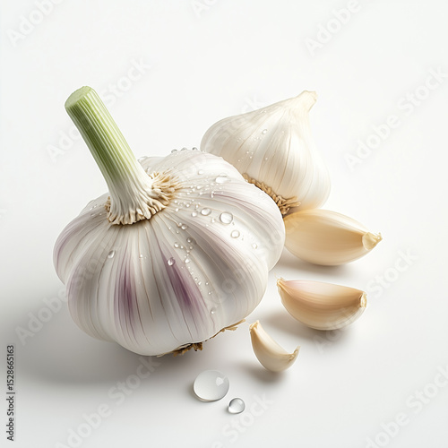 Fresh garlic bulb with cloves and droplets, perfect for cooking and health. Capture the essence of flavor and aroma.