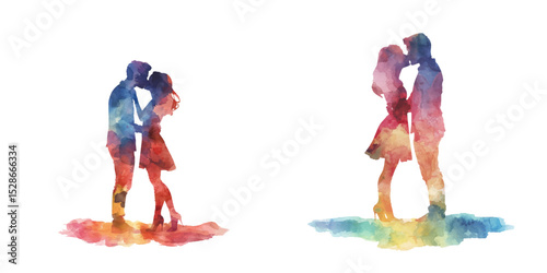 abstract color silhouette of couple kissing watercolor vector illustration