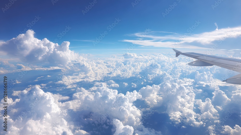 Fototapeta premium Breathtaking View from Airplane Wing Above Fluffy White Clouds