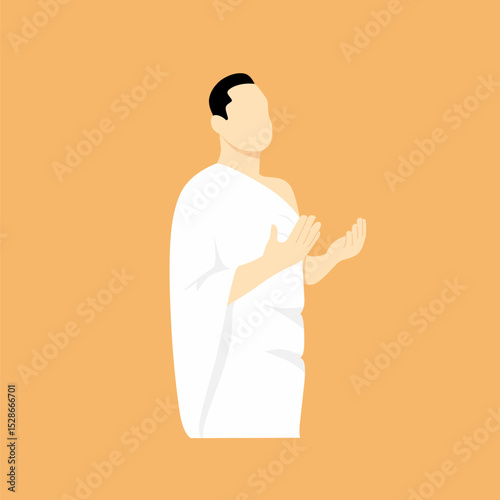People wearing ihram praying. Flat vector illustration of hajj.
