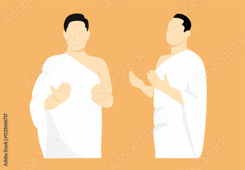 People wearing ihram praying. Flat vector illustration of hajj.
