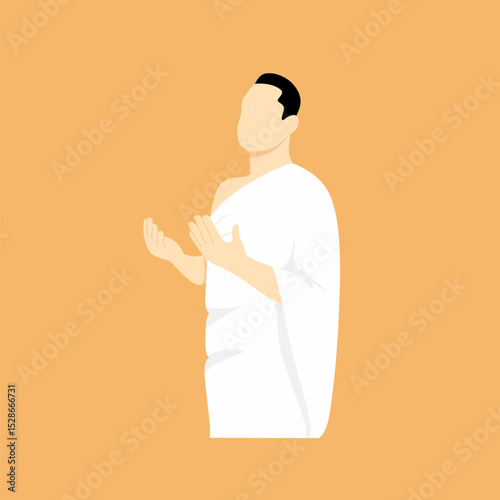 People wearing ihram praying. Flat vector illustration of hajj.	