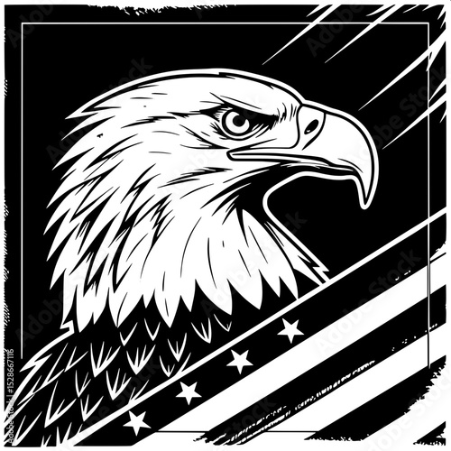 Stylized close-up illustration of a bald eagle’s head and upper chest, centered, intense gaze, bold graphic lines, dark navy blue and distressed gold background, powerful and symbolic”