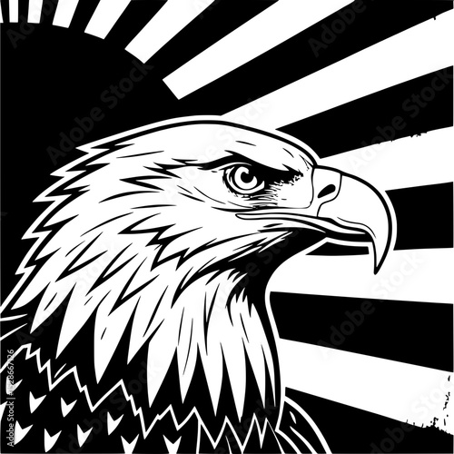 Stylized close-up illustration of a bald eagle’s head and upper chest, centered, intense gaze, bold graphic lines, dark navy blue and distressed gold background, powerful and symbolic”