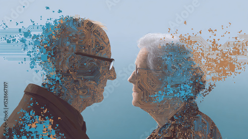 An elderly couple facing each other with circuit board patterns and disintegration effects on their faces