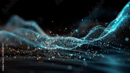 Dynamic swirling particles of light create a futuristic landscape.