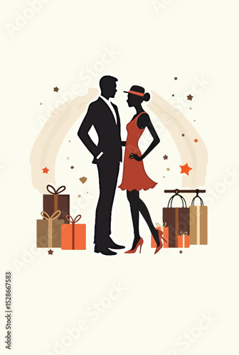 A couple standing face to face, surrounded by colorful gifts, suggests a joyous occasion or surprise..eps